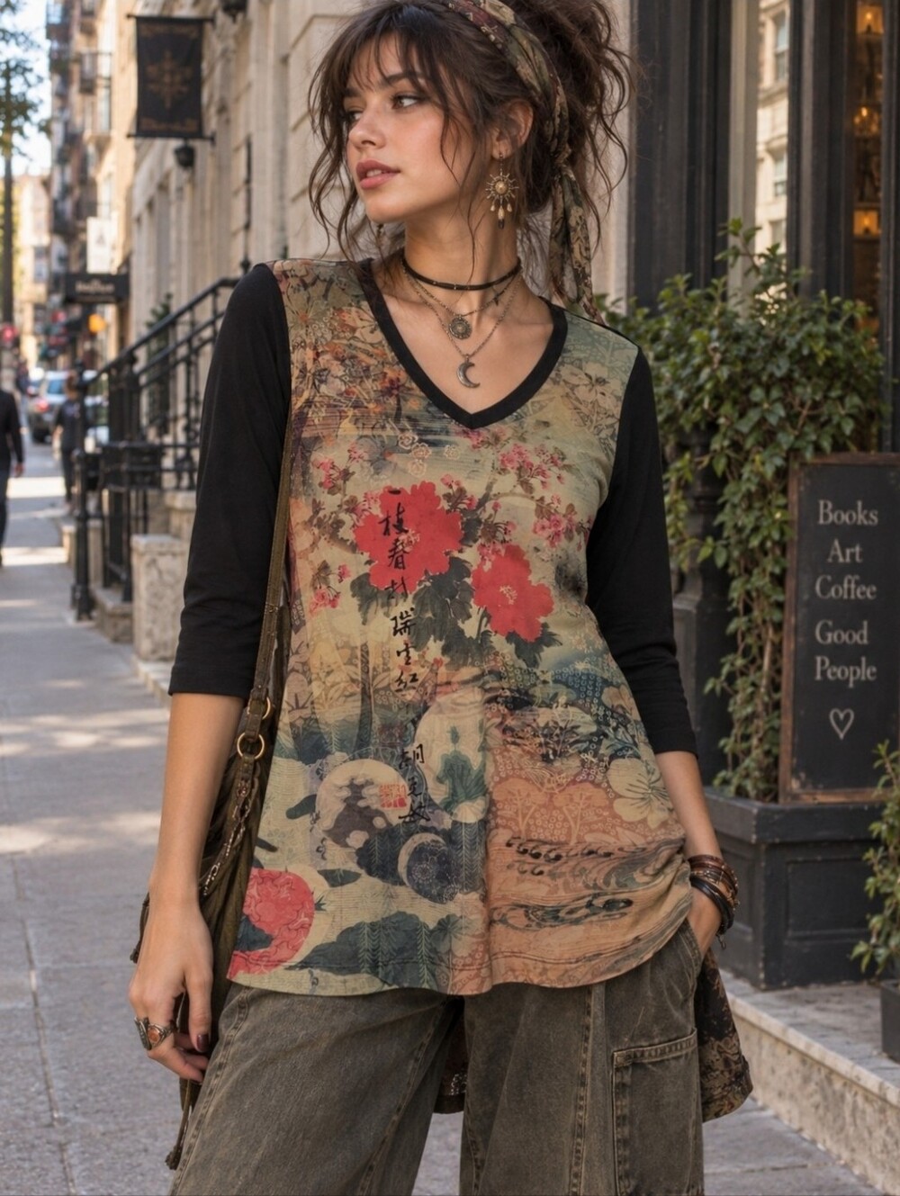 Y2k Floral Japanese Print V-Neck 3/4 Sleeves Whimsigoth Grunge Artzy Tunic Top